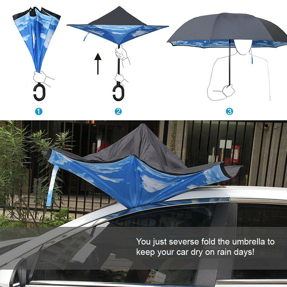 MountainSnow Single Color Inverted C-Shaped Handle Double Layer Umbrella, Windproof Folding Upside Down,Self Stand Rain Protection Car Reverse Umbrellas, UV Blocking