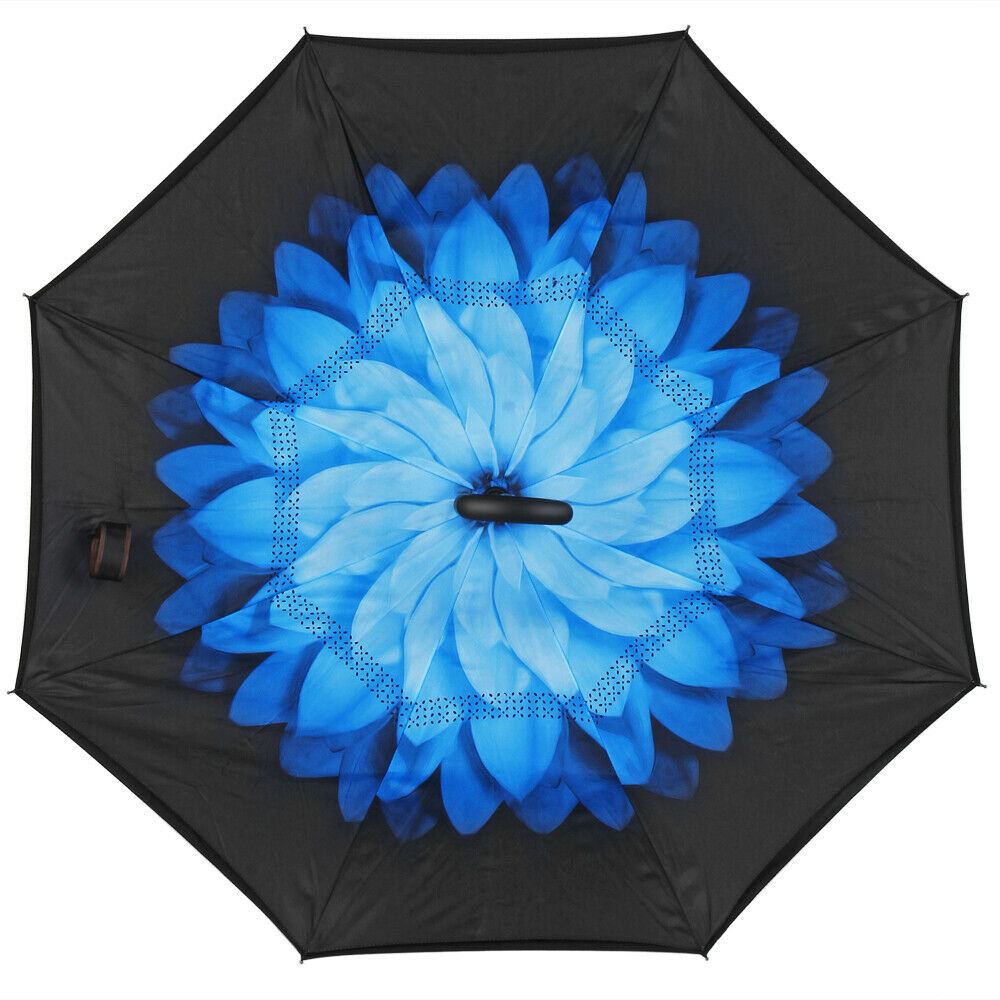 MountainSnow Flower Pattern Inverted C-Shaped Handle Double Layer Umbrella, Windproof Folding Upside Down,Self Stand Rain Protection Car Reverse Umbrellas, UV Blocking