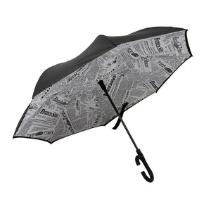 MountainSnow Newspaper Pattern Inverted C-Shaped Handle Double Layer Umbrella, Windproof Folding Upside Down,Self Stand Rain Protection Car Umbrellas, UV Blocking