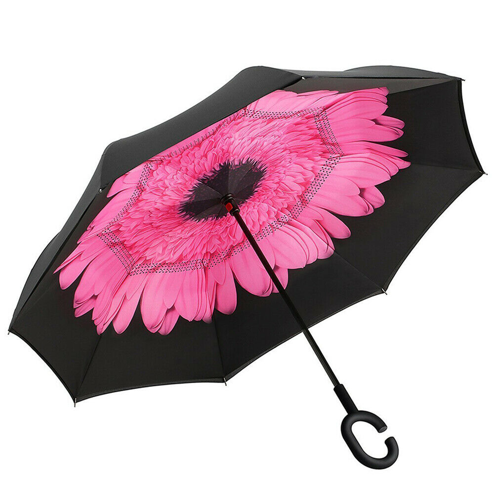 MountainSnow Flower Pattern Inverted C-Shaped Handle Double Layer Umbrella, Windproof Folding Upside Down,Self Stand Rain Protection Car Reverse Umbrellas, UV Blocking