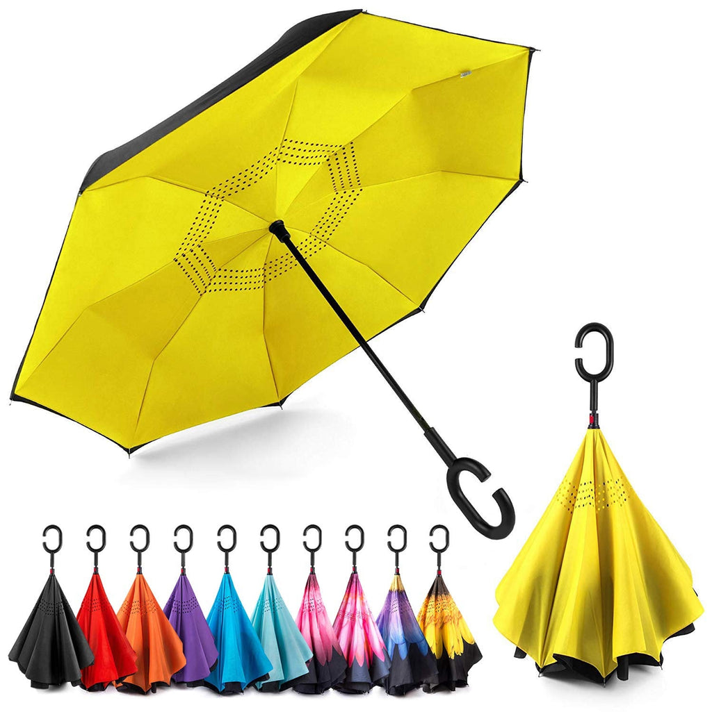 Inverted Umbrella Umbrella Windproof Reverse Umbrella Umbrellas for Women with UV Protection Upside Down Umbrella with C-Handle Yellow color