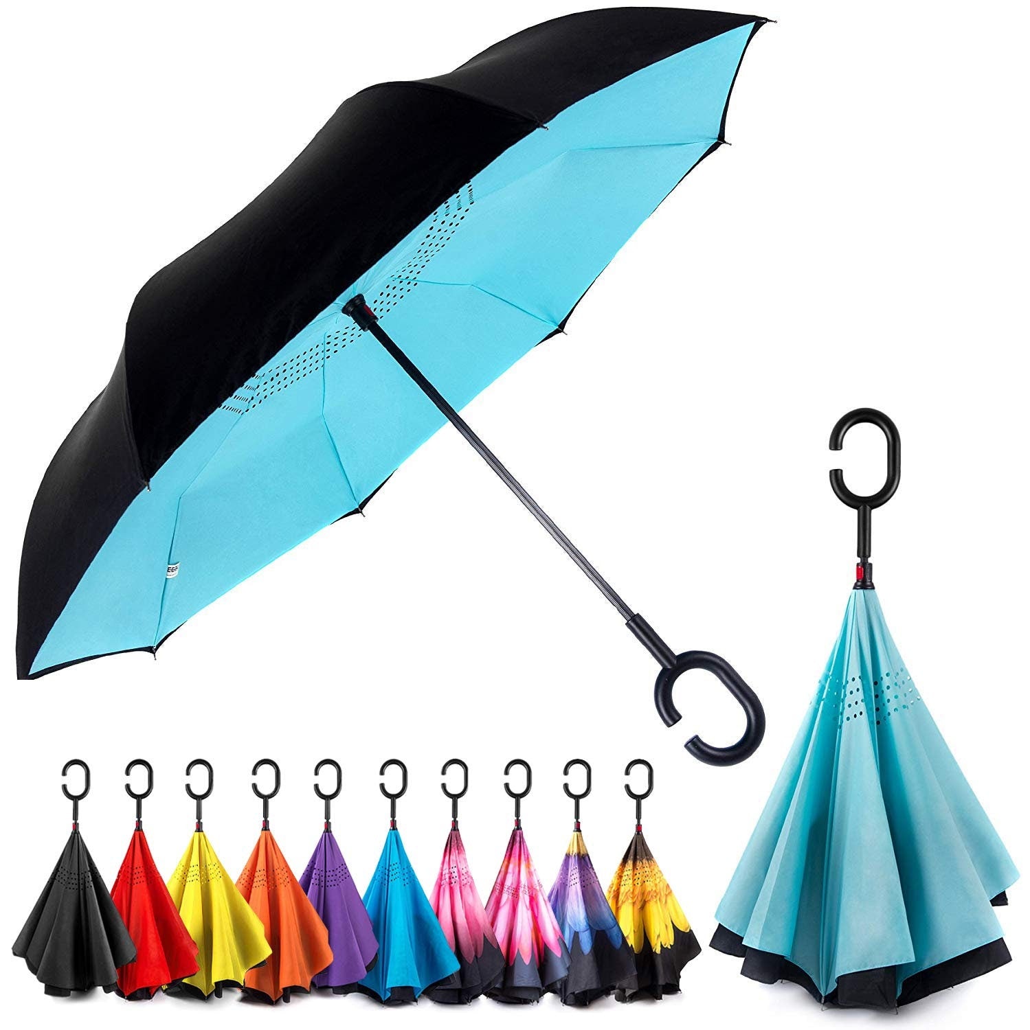 Inverted Umbrella Umbrella Windproof Reverse Umbrella Umbrellas for Women with UV Protection Upside Down Umbrella with C-Handle Sky Blue