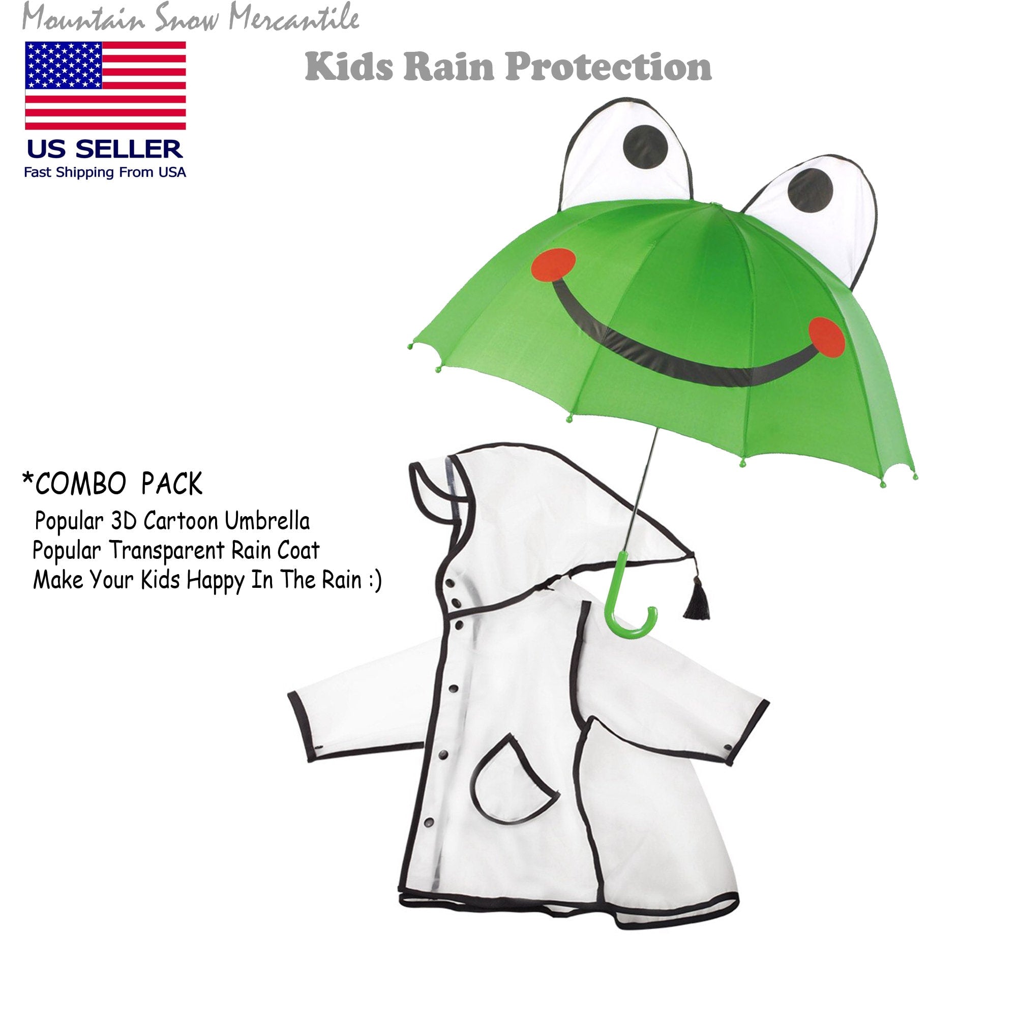 Rain Coat + 3D Umbrella Combo Pack For Child Kids Boy Girl Waterproof Hooded (Multiple Size for Rain Coat,Multiple Color For Umbrella)