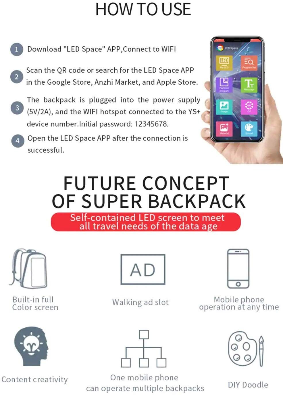 Smart LED Backpack Cool Black Customizable Laptop Backpack Innovative Gift School Bag Dynamic Backpack Outdoor Fashion Advertising bag.