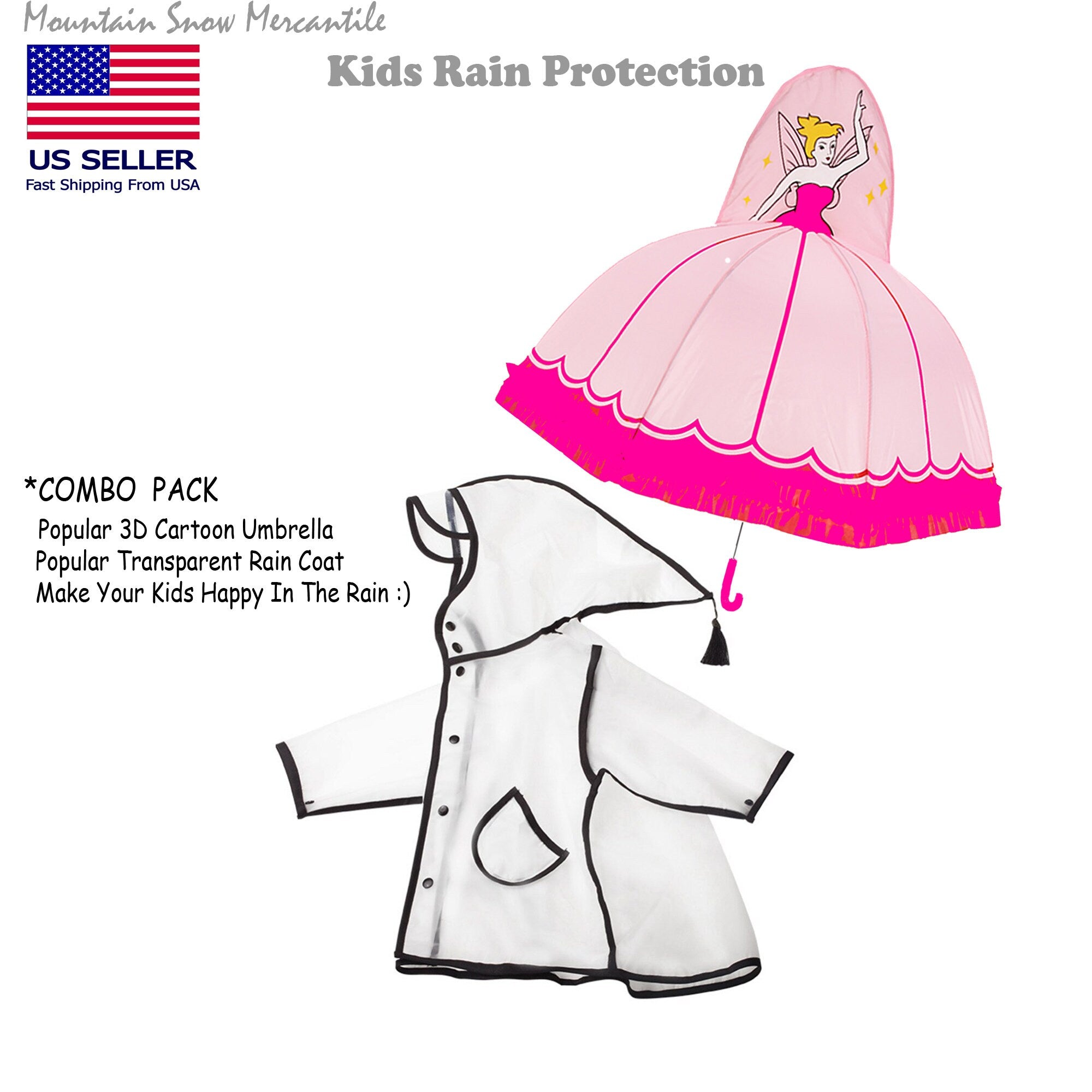 Rain Coat + 3D Umbrella Combo Pack For Child Kids Boy Girl Waterproof Hooded (Multiple Size for Rain Coat,Multiple Color For Umbrella)