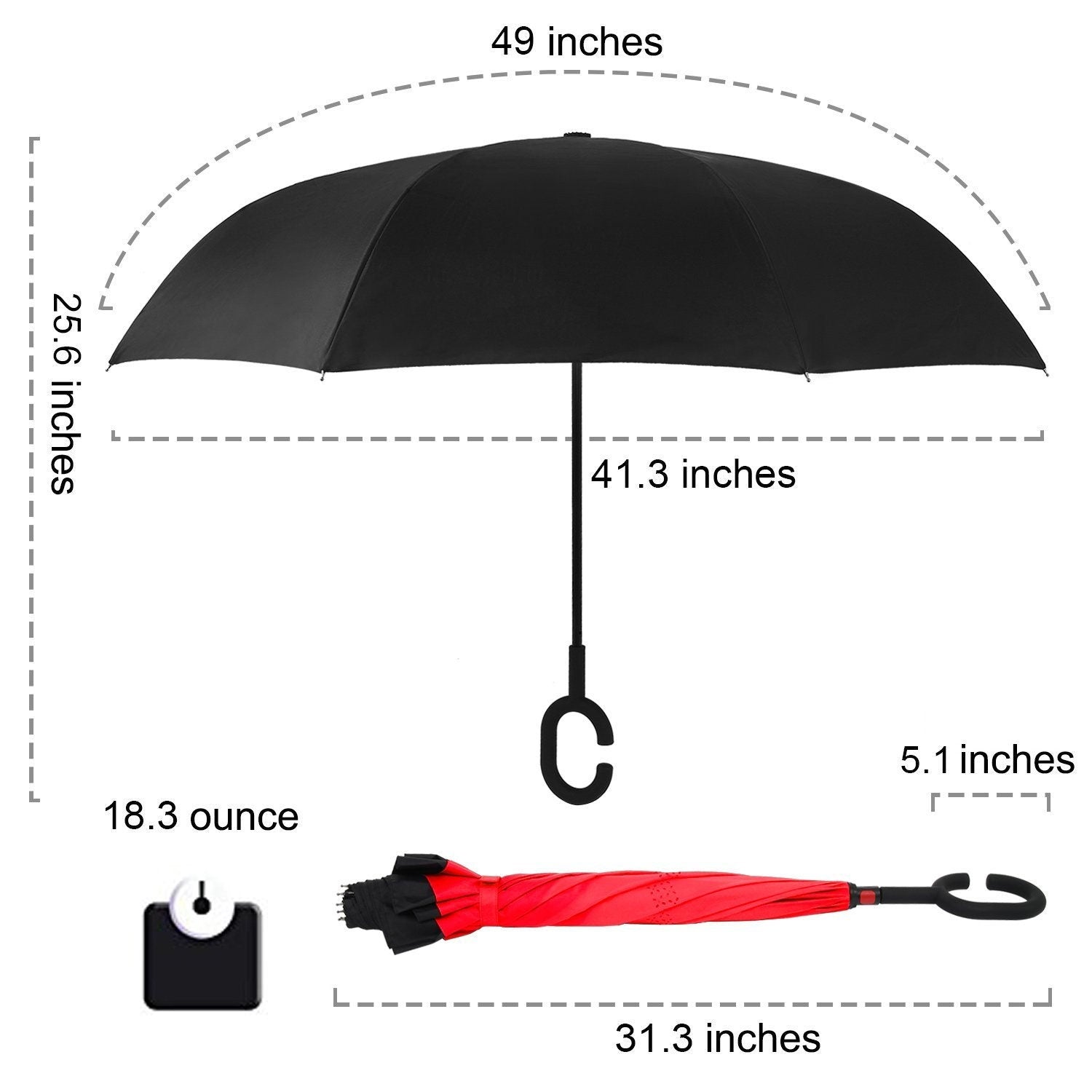 Reverse Umbrella,Inverted C-Handle Umbrella,Windproof Folding Upside Down Safety,Women with UV Protection Umbrella, Black umbrella