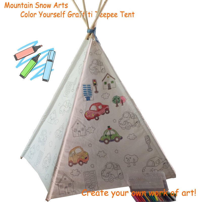 Indian Playhouse Teepee Play Tent for Kid Holiday creative gift for Children Foldable Play Tent Cotton Canvas Graffiti Teepee paintable toy