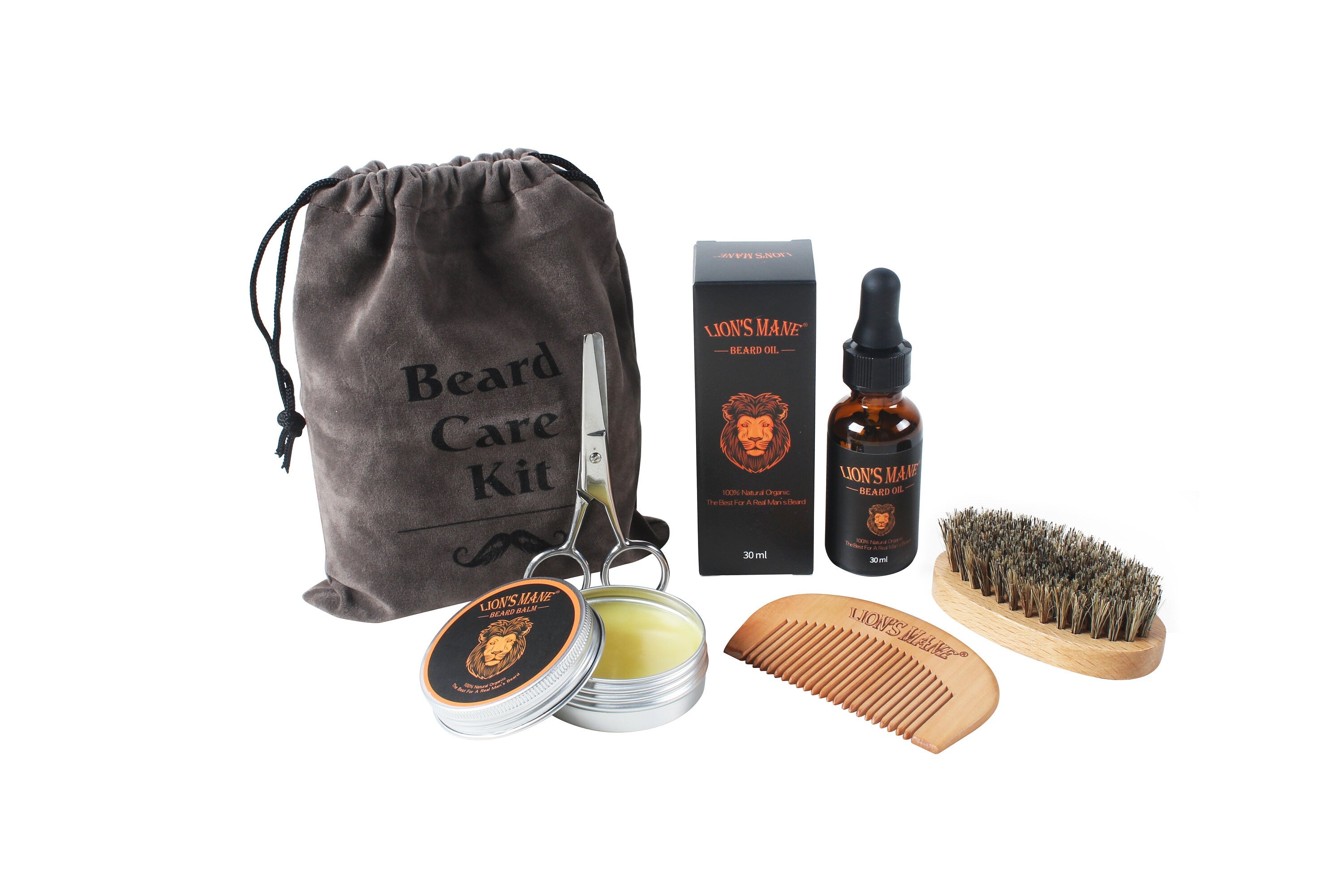 Beard Grooming Kit for Men - 100% Organic Unscented Beard Oil, Beard Balm Butter Wax, Beard Brush, Beard Comb, Beard Scissors for Beard